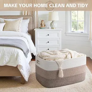 Super Large Blanket Basket, Rectangle Woven Baskets for Storage, Cotton Rope Basket For Living Room, Toy Storage with Handle- Gradient Brown