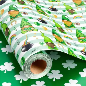 St. Patricks Day Wrapping Paper Roll Green, Reversible Lucky Gift Wrapping Paper with Horseshoes Shamrock Gold Coins Goblin Rainbow for St. Patrick's Day, Birthday, Spring Party, Baby Shower, Celebration (17 Inch X 33 Feet)