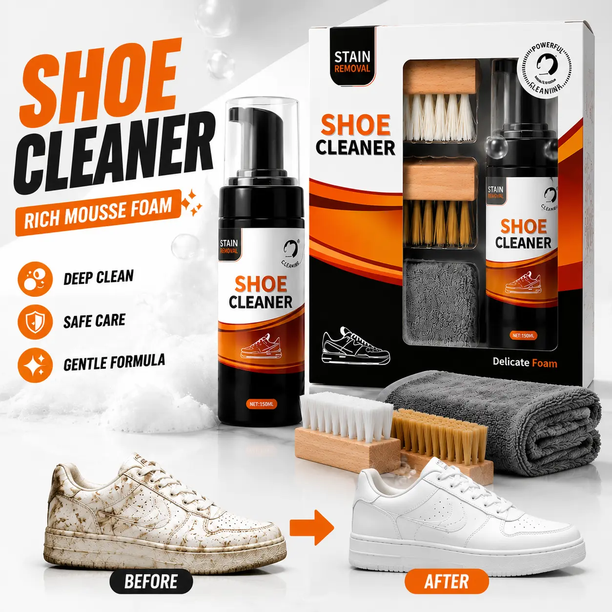 Powerful Foam Shoe Cleaner Kit - 150ml No-Rinse Sneaker Cleaner, Stain Remover for White Sneakers, Trainers & Canvas Shoes, Includes Dual Brushes & Microfiber Towel for Easy Shoe Care everyday fresh # homemadaundry detergent # mould spray # jabon hispano