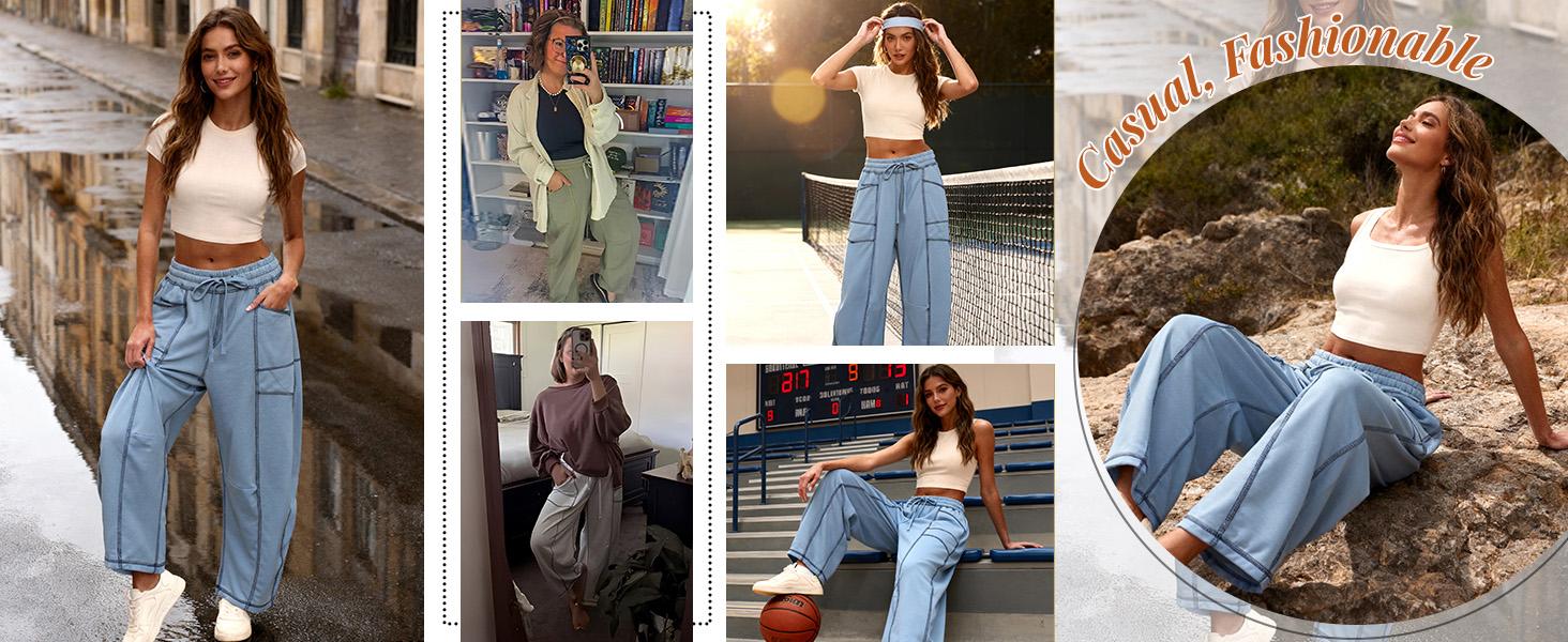 Tanming Women’s Baggy Barrel Pants Wide Leg Lounge Sweatpants with Drawstring Pockets Tanming Women’s Baggy Barrel Pants Wide Leg Lounge Sweatpants with Drawstring Pockets