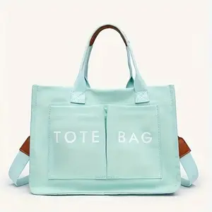 New Arrival!Canvas Grocery lunch Bag with Pockets for women ,Long Shoulder Strap and Short Handle Suitablefor Office Workers Commuting Daily Travel