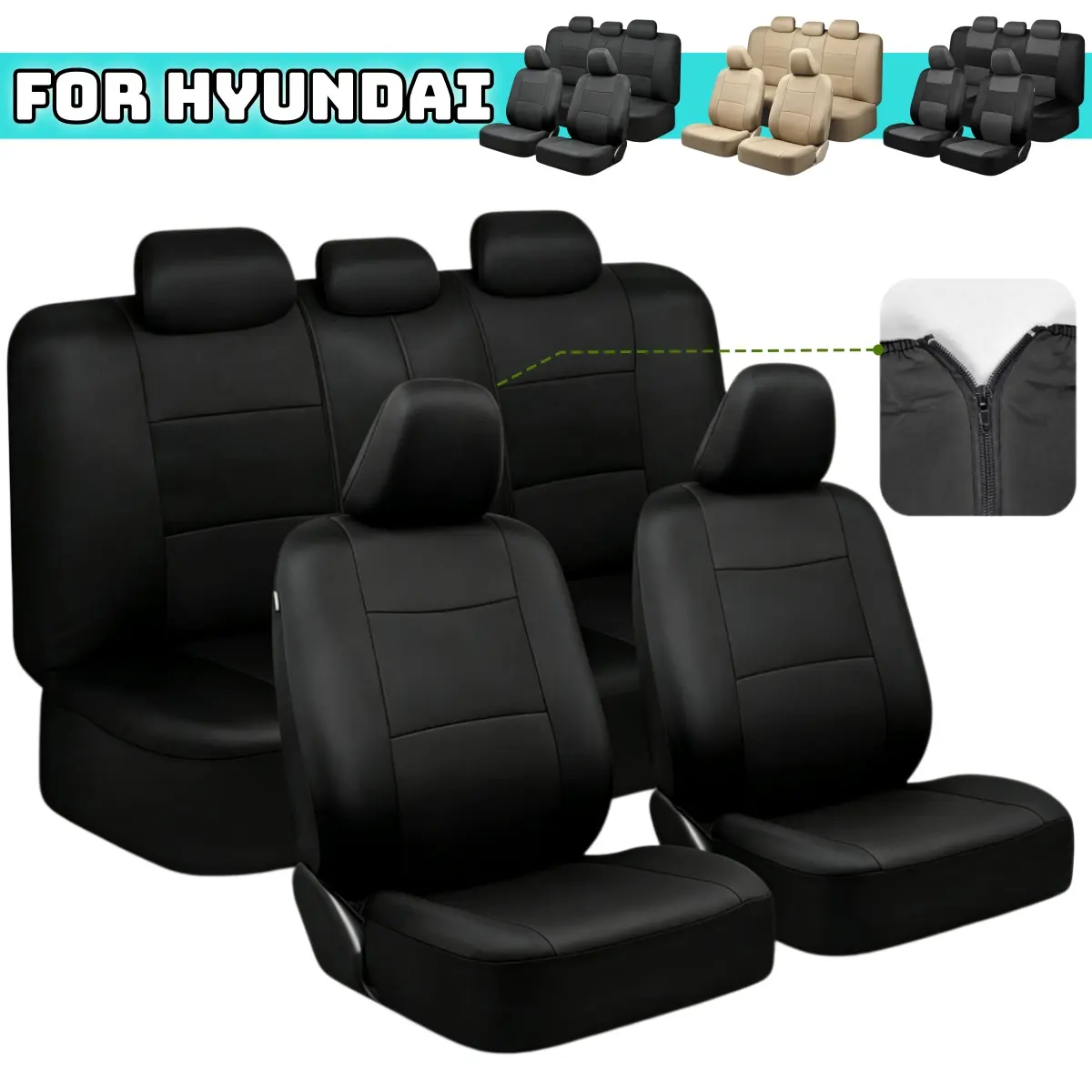 For Hyundai Sporty Two-Tone 5 Seat Covers Car Front Rear Full Set Flat Cloth Polyester Cushion Pad Protector Mat with Zipper, 4 Season Anti-Slip Breathable Universal