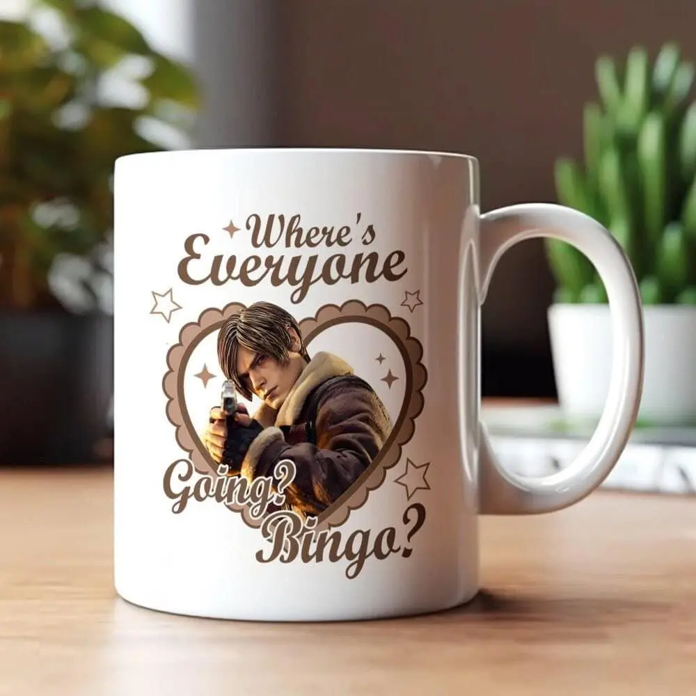 Where Everyone Going Bingo Mug Resident Evil 9 Requiem Mug, Leon Kennedy Re Video Game Mug, Survival Horror Vintage Ceramic Mug