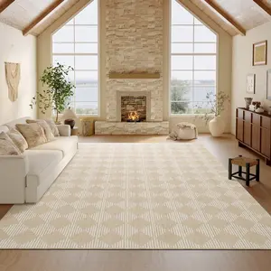Washable Rug – Soft Textured Area Rug with Non-Slip Backing, Modern Luxury Checkered Design, Machine Washable Carpet Perfect for Living Room, Bedroom, and Dining Room, Beige
