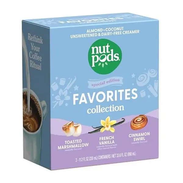 nutpods Favorites Collection Unsweetened Non Dairy Coffee Creamer, 3-Pack | Toasted Marshmallow, French Vanilla, Cinnamon Swirl. Whole30, keto, zero sugar, gluten free, non-GMO, vegan, kosher.