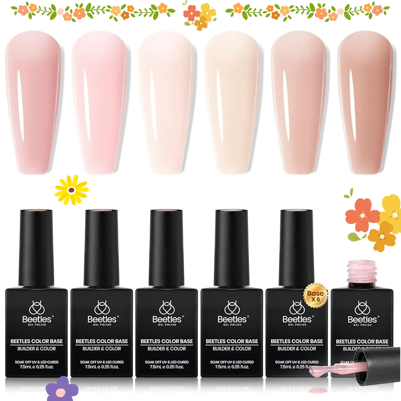 beetles Gel Polish 5 in 1 Rubber Base Gel, 6 Colors 7.5mL Bottle Set for Nude Nails - Soak Off Strengthener & Repair Kit for DIY Nails at Home, Requires UV LED Light, Nail Supplies