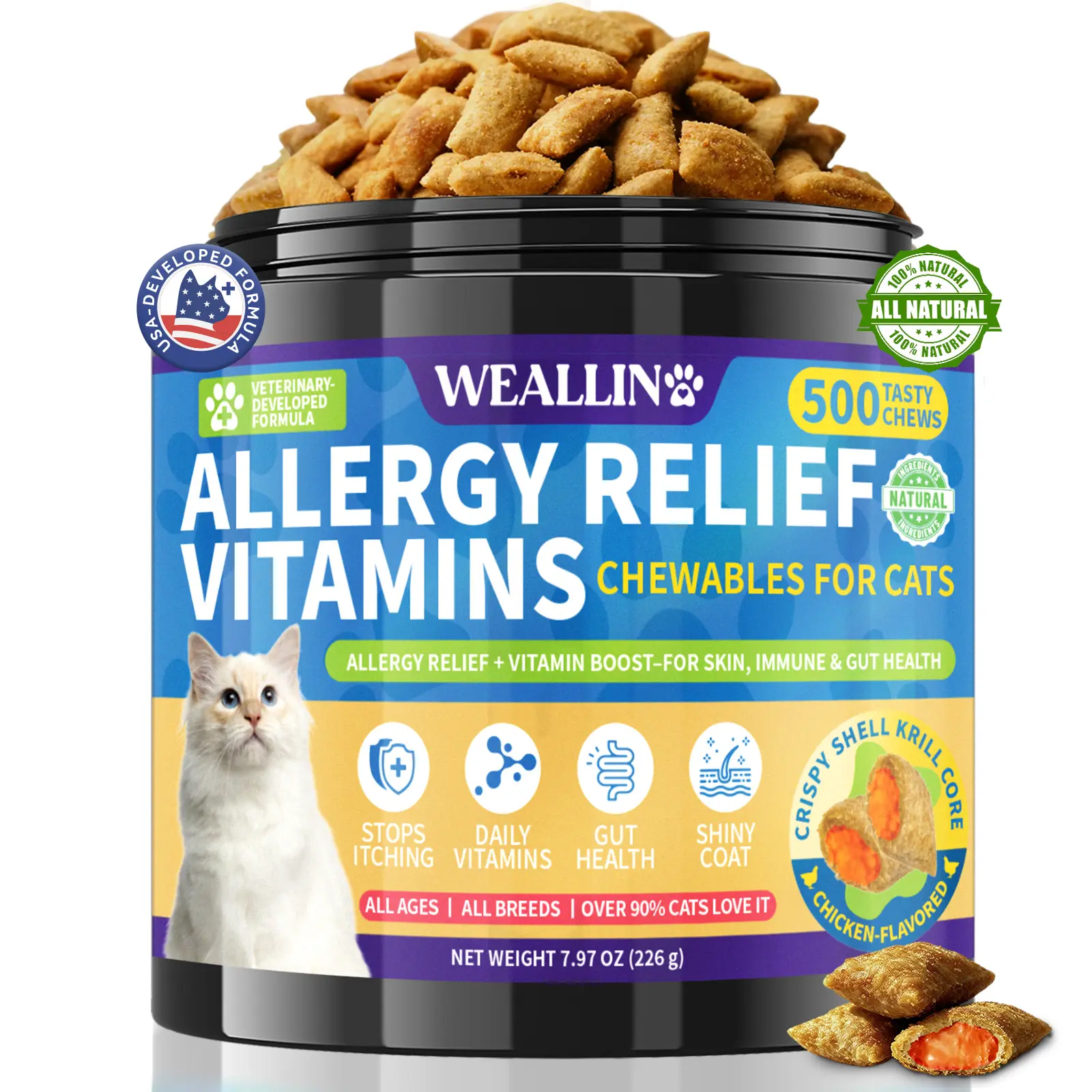 WEALLIN Cat Skin & Immune Support Chews 500 Count, Krill Core Crunchy Treats with Multivitamin, Probiotic & Omega-3, Immunity & Seasonal Comfort Support for Itchy Skin & Coat Care, Chicken Flavor for All Breeds