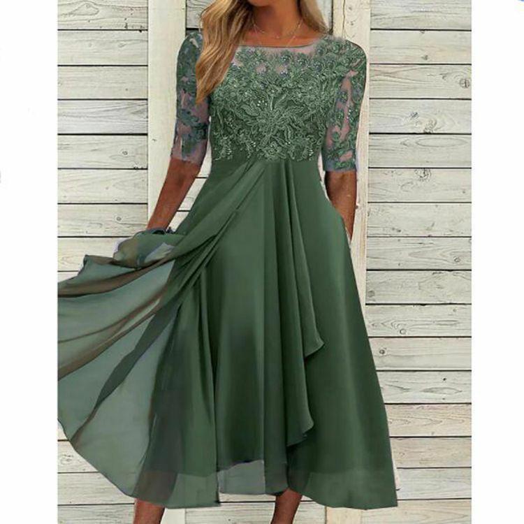 DC DUMPECCI Womenswear Trendy Deep V-Neck Lace Maxi Dress | Slim Fit Chiffon Gown for an Elegant Lady Outfit, Perfect as Bridesmaid or Party Dress Chic Green Chic