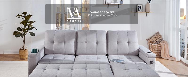 [Ships in 2 Boxes] AMERLIFE Sleeper Sofa, Modern Tufted Convertible Sofa Bed, USB Charging Ports & Cup Holders, Couch with Storage Chaise/Christmas Gift/Best Gift Ideas