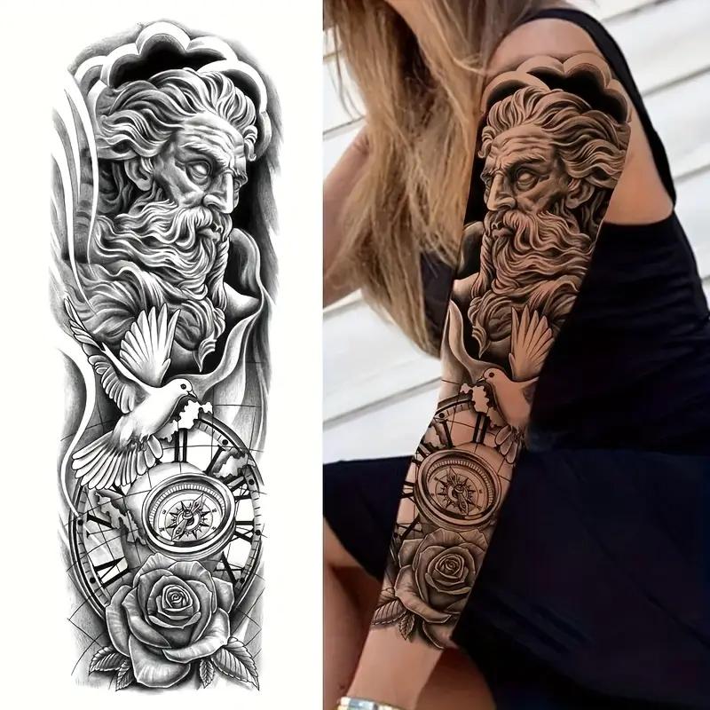 8 Sheets Full Arm Temporary Tattoo Stickers, Lion Tiger Wolf Skull Rose Watch Goddess Ship Pirate Compass Design, Waterproof Realistic Body Art, Sticker Tattoos