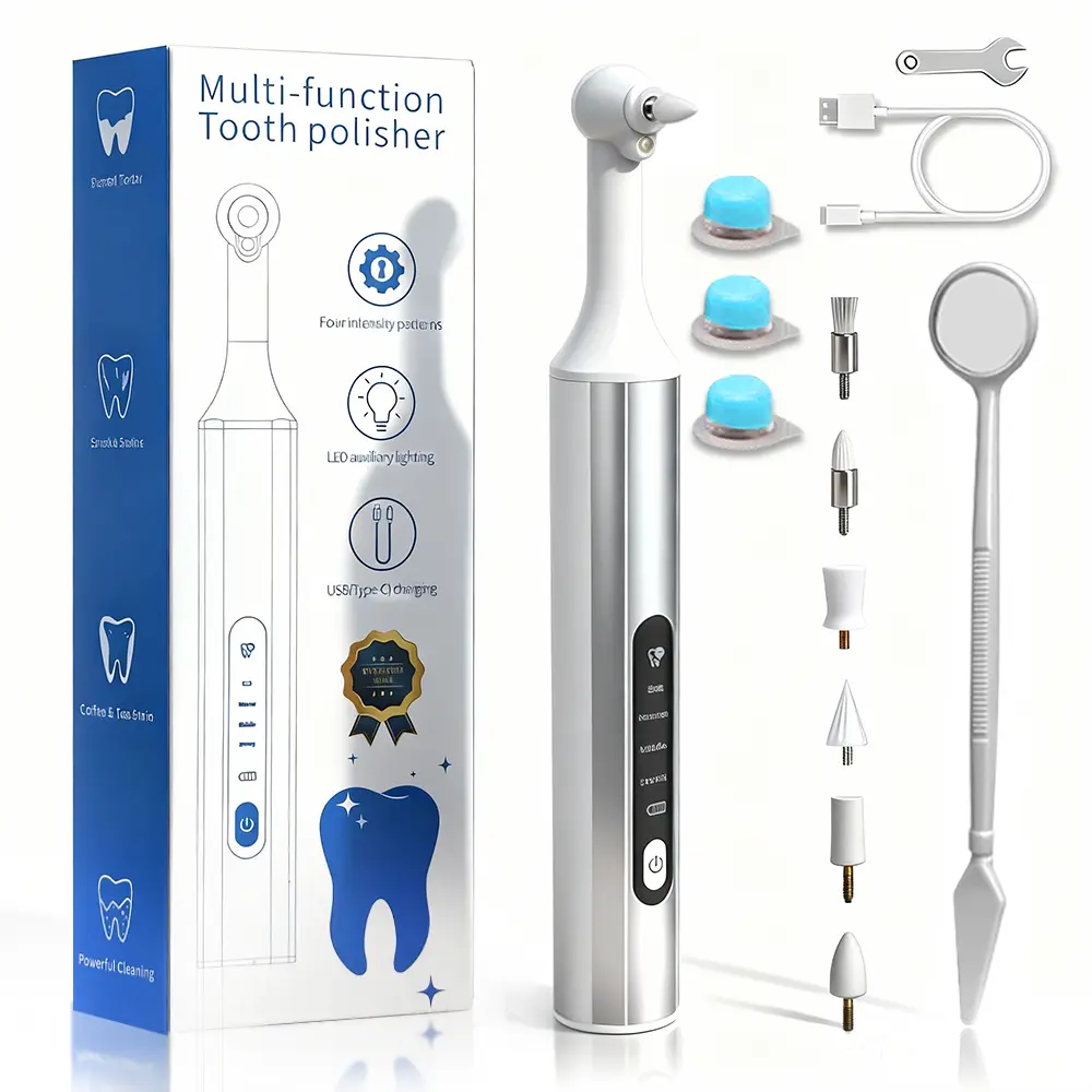 Electric Tooth Polisher with LED Light & 4 Modes, Rechargeable Teeth Whitening Kit with 6 Brush Heads & 3 Polishing Pastes Portable Oral Care Tool Oral Care System Oral Care Set
