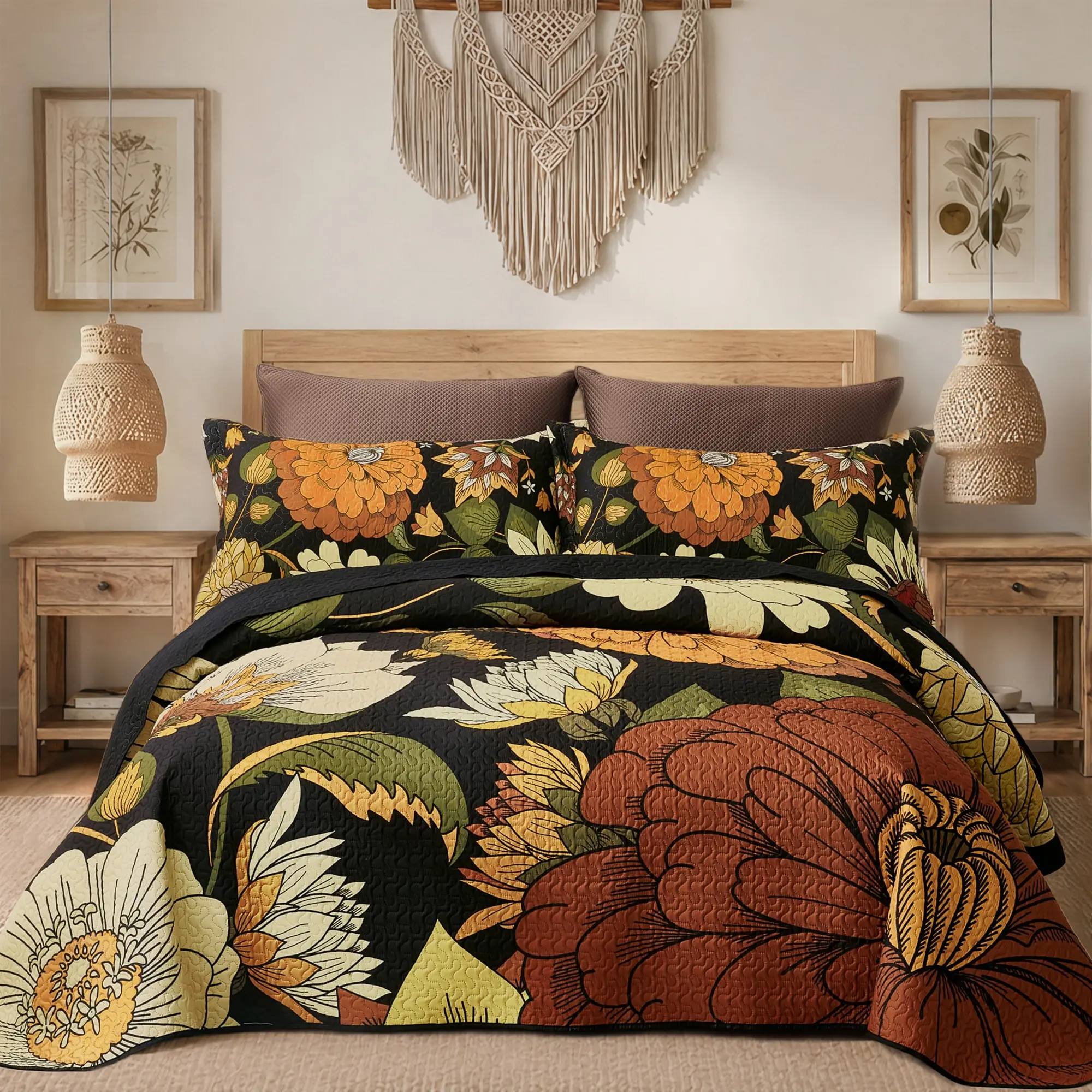 Tyrot 3-Piece Boho Floral Quilt Bed Set - Microfiber Bedding with 2 Shams, Farmhouse Botanical Reversible Lightweight Coverlet, Mid-Century Leaves, Wrinkle-Resistant Breathable Fade-Proof All-Seasons Black Coverlet Set