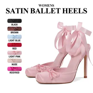 CYNLLIO Womens Satin Ballet Heels Closed Square Toe Elegant Lace Up Bownot Ribbon Ballerina Stilletto Heeled Sandals Cute Ankle Strap Slingback Pumps Strappy Mary Janes Slip On Comfy Wedding Party Casual Work Dating Fashionable Spring Heel Ballerina Heel