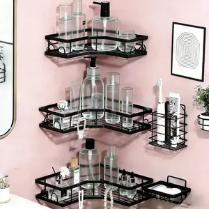5-Piece Corner Shower Caddy Storage Set No Drilling Required Self-Adhesive Stainless Steel Shelf Rack Rust-Resistant Bathroom Decor Accessories Black Shampoo Body Wash Basket Large Capacity Hollow Round Design Gift Ideals for Family