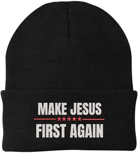 Make Jesus First Again Embroidered Beanie | MAGA Style Warm Knit Winter Skull Cap Religious Christian Hat