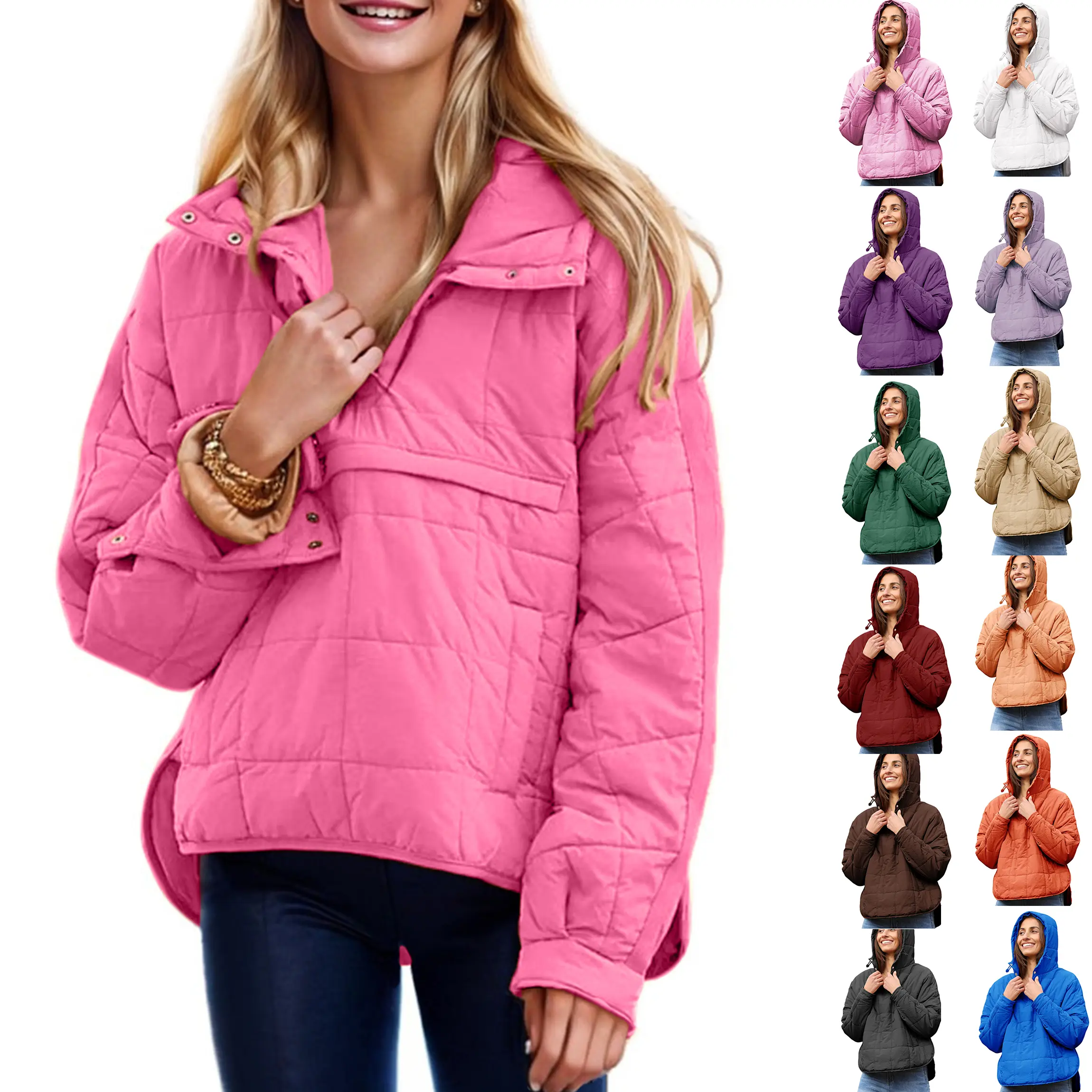 Buenoble Womens Oversized Puffer Jacket Quilted Dolman Hoodies Pullover Long Sleeve Lightweight Warm Tops Coat Fitted Basic Minimalist Outerwear