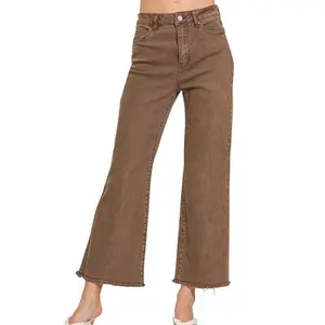 Acid washed high waist Frayed Hem bootcut Pants