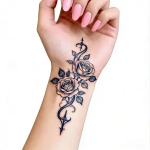 4pcs Herbal Juice Semi-Permanent Magic Tattoo Stickers Featuring Minimalist Designs of Vintage, Elegant Natural Rose Branches And Leaves. Realistic Temporary Tattoos for Everyday Parties And Festive Gifts, Suitable for Shoulders, Neck, Arms, Fingers