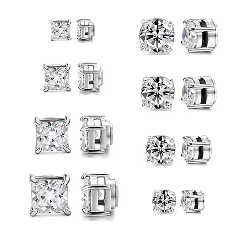Jstyle Stainless Steel Magnetic Cubic Zirconia Stud Earrings (2 Pairs), Non-Piercing Hypoallergenic 5-8MM, Strong Magnet Clasp, Elegant Design, Men's Earrings for Men & Women, Cubic Zirconia Earrings