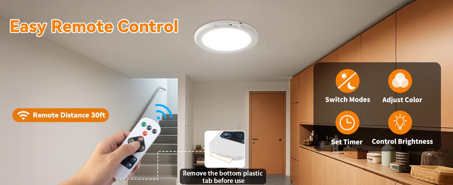 Rechargeable Ceiling Light 2-Pack, 3 Color Modes, Motion Sensor with Remote, Wireless Battery-Operated Magnetic LED Lights for Shower, Closet, Pantry, Shed, Hallway, Porch, Garage