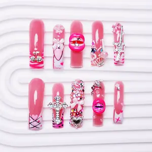 AVIARA  LONG Curved Square  10pcs Handmade Acrylic 3D Y2K Press On Nails Luxious Salon Quality Fake Nail detachable nails