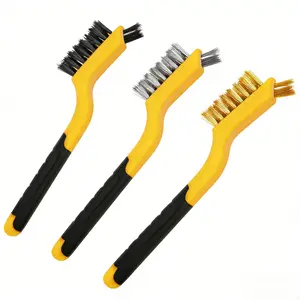 Wire Brush Set 3Pcs, Nylon/Brass/Stainless Steel Bristles with Curved Handle Grip for Household Cleaning Tool with Curved Handle Grip for Rust Removal, Dirt, Paint Scrubbing Yellow