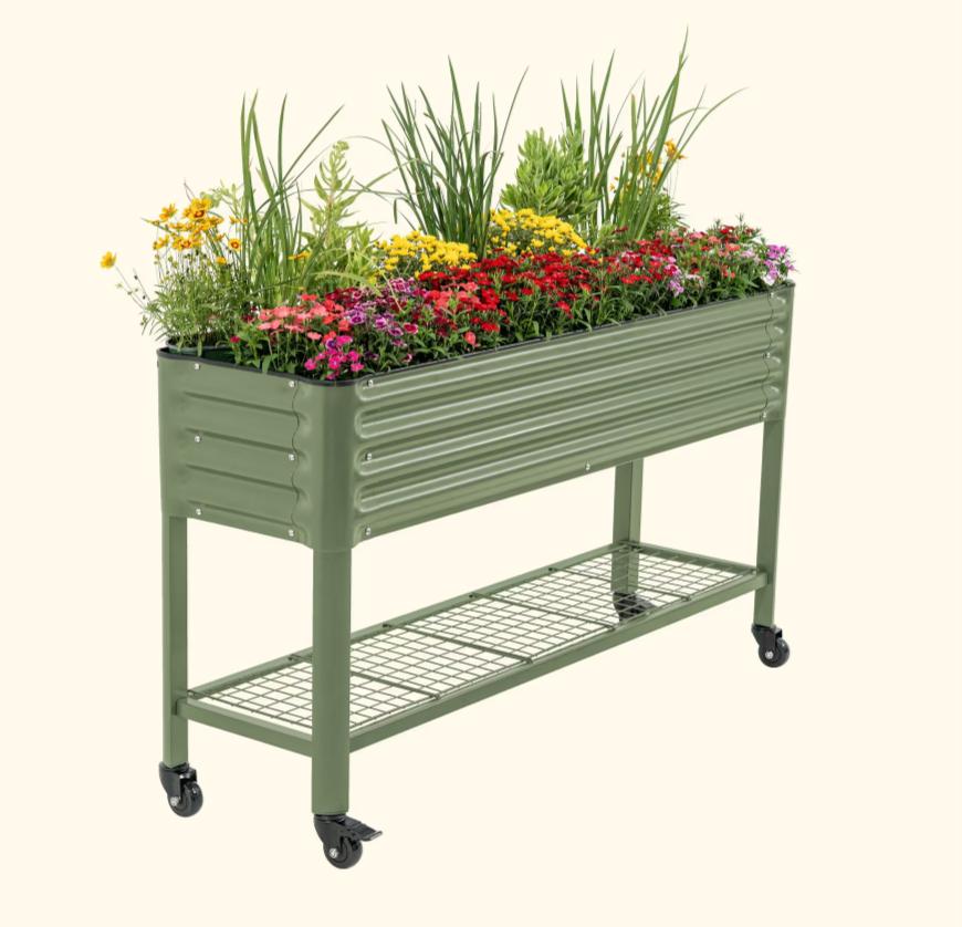 Vego Garden Rolling Elevated Raised Garden Bed V Series with Lockable Wheels & Storage Rack for Patio Porch 700 Lbs Capacity Outdoor Planter Box for Vegetables Flowers Herbs Heavy Duty Olive Green