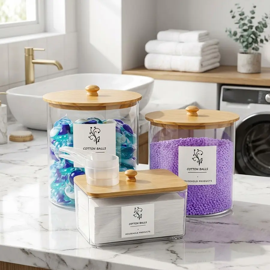 3pcs Large Capacity Laundry Room Organization Storage Organizer Plastic Canister Jar Set, Clear Acrylic Laundry Detergent Container Canister with Scoops & Labels, Laundry Jars for Powder Dryer Balls Scent Boosters