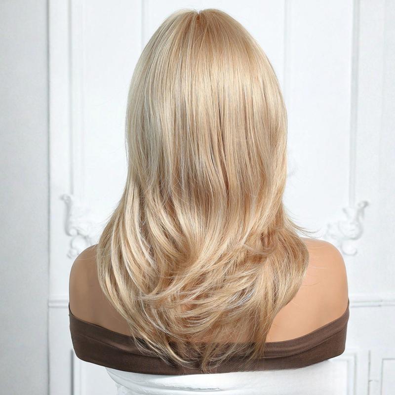Golden Blonde Wig with Bangs Long Haired Wig for Women Curtain Bangs Synthetic Layered Cut Glueless Wig Wavy for Daily Party Use