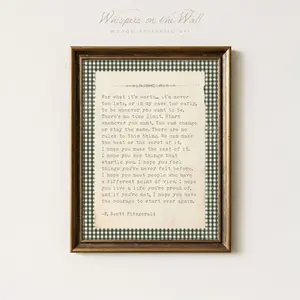 Vintage Gingham For What it's Worth Print F. Scott Fitzgerald Quote Print PRINTED & SHIPPED Literary Art Quote Wall Art Cottage Core Decor