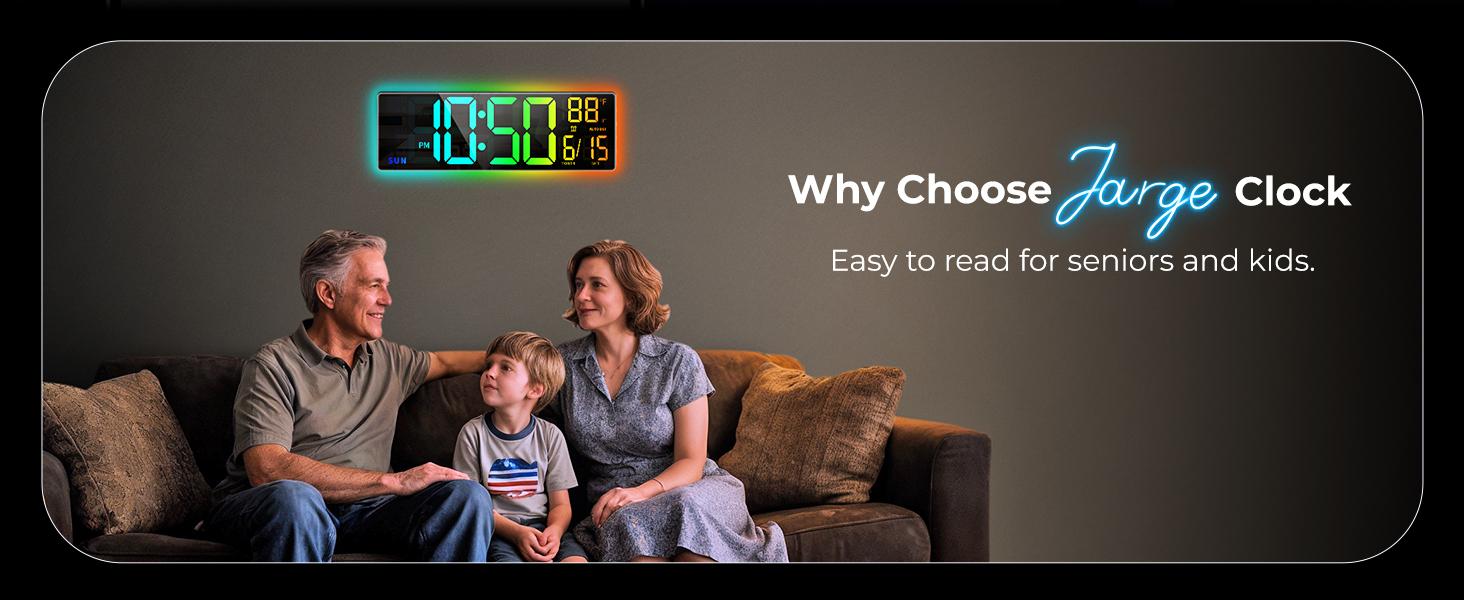 EASYERA 16.5" Large Digital Wall Clock with BT Sync, RGB Lights with 11 Scenes Mode Remote Control, Big LED Clock with Dual Alarms, Auto DST, Temperature for Classroom Gaming, Office, GameRoom, LivingRoom