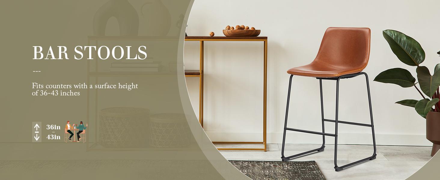 Counter Height Bar Stools, 26 inch Dining Chairs with Metal Legs and Footrest, Modern Faux Leather Barstools for Kitchen Island