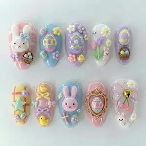 Handmade Easter Bunny Press On Nails, Cute 3D Pastel Egg & Chick Design, Kawaii Spring Aesthetic Flower and Bow Fake Nails