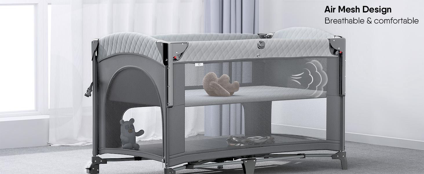 BabyBond 5 in 1 Foldable Baby Bassinets Bedside Sleeper for Newborn Infant, Large Playard Pack with Mattress,Storage Basket and Mosquito Net, Height Adjustable Baby Crib for Nursery, Ideal Christmas Gift for Toddler