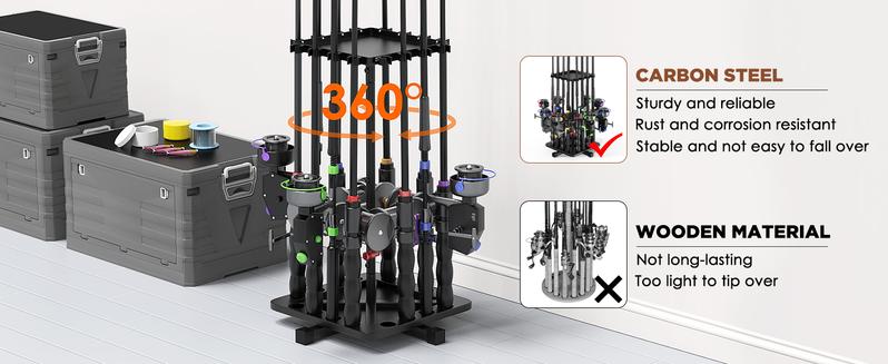Carbon Steel 360° Rotating Fishing Rod Holder for Garage Holds 16 Rods Easy Install Space Saving Sturdy Rack Organizer for Men Black Bracket Shelf