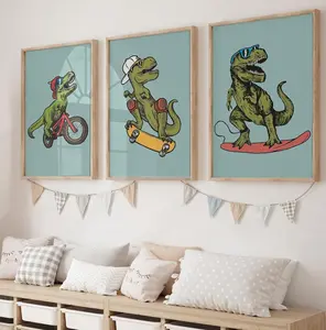 Boy Room Wall Art, Dinosaurs Art for Kids Bedroom, Playroom Surf Skateboards Poster, Printable Funny T Rex Set of 3 Toddler Prints