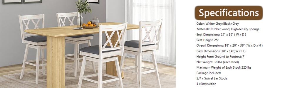 COSTWAY Wood Bar Stools Set of 2, 360° Swivel Barstools 25 Inch w/Backs, Upholstered Cushion & Footrest, Farmhouse Counter Height Bar Stools for Kitchen Island, Dining Room, Home, Pub, White/Black