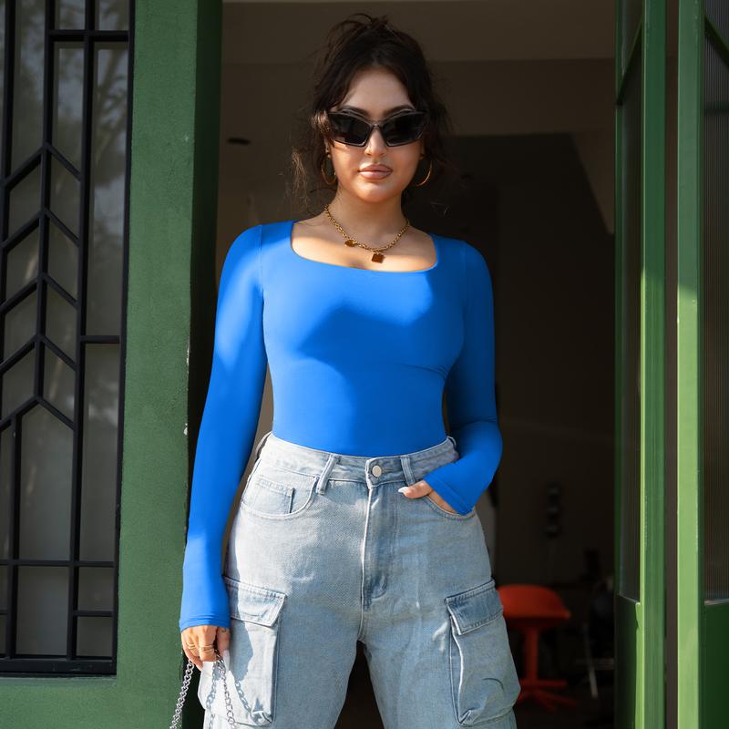 HYZ Women's 2 Piece Basic Long Sleeve Square Neck Workout High Stretchy Slim Fit Tunic Tops tunic tops high stretchy