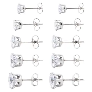 5 Pairs Extra Long Post Earrings 316L Stainless Steel Stud Earrings for Women Hypoallergenic Cubic Zirconia Ear Piercing Studs for Sensitive Ears 3-8mm