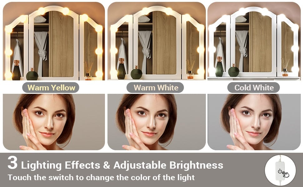 Sikaic Small Size Makeup Vanity Set with LED Mirror Cushioned Stool and Chair Set Bedroom White