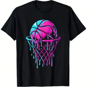 Vibrant Neon Drip Basketball & Hoop Graphic Cotton Short Sleeve T-Shirt - Round Neck Unisex Tops Tees T-Shirts Casual Wear