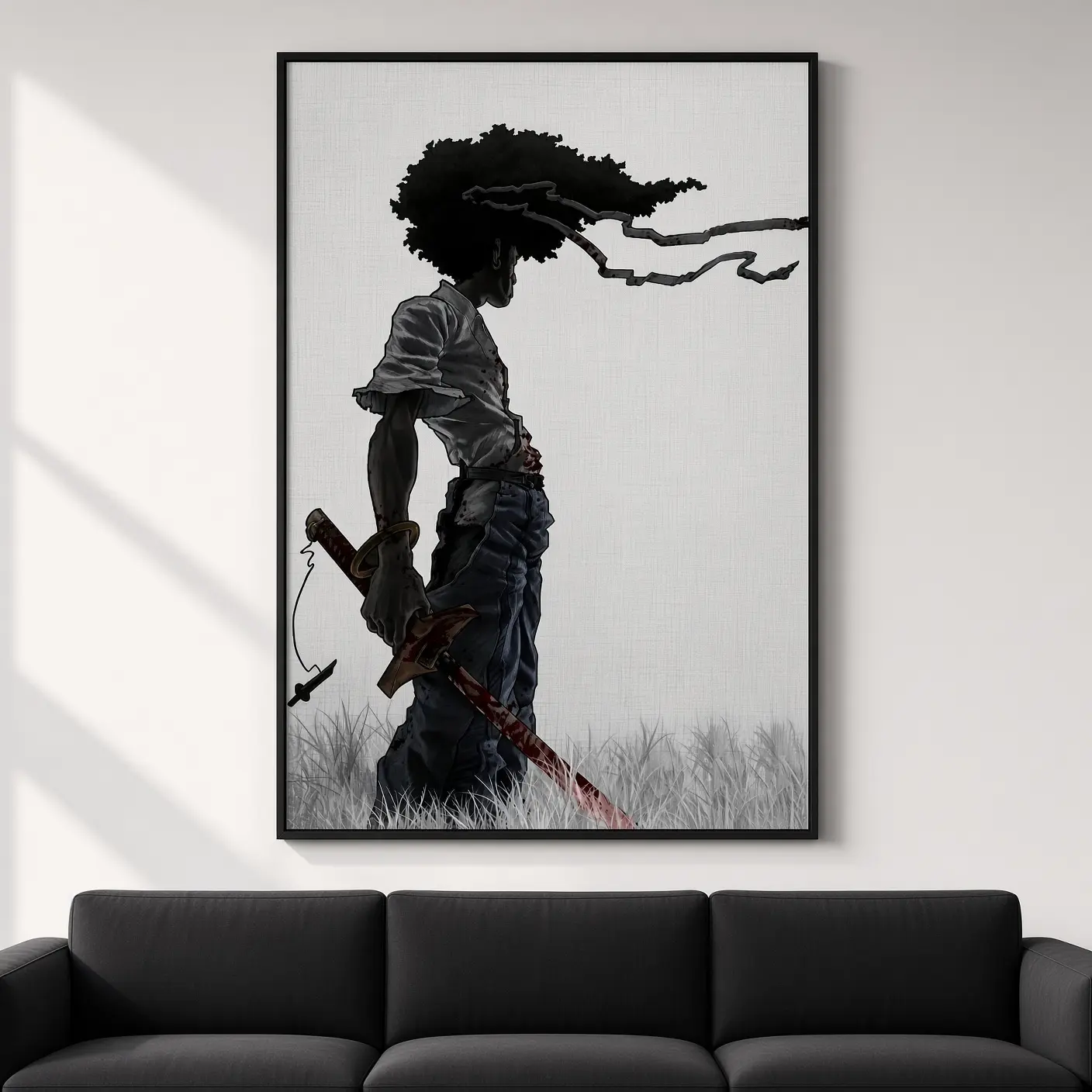 African Samurai Anime Poster, Unframed Black Warrior Wall Art Print with Afro Samurai Inspired Action Illustration, Japanese Anime Room Aesthetic Poster for Bedroom Dorm Apartment Gaming Room Decor, Frameless Canvas Style Decoration Gift