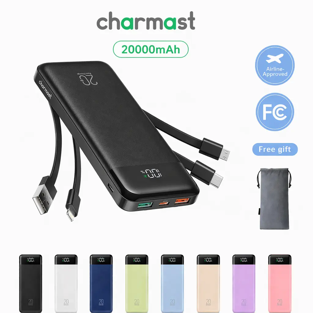 Charmast 20,000mAh Ultra-Slim Power Bank & Portable Charger – 20W Fast Charging with Built-in Cables for Smartphones, Tablets & USB-C Devices – Travel-Friendly Rechargeable Battery Pack，travel essentials #TikTokShopBackToSchool