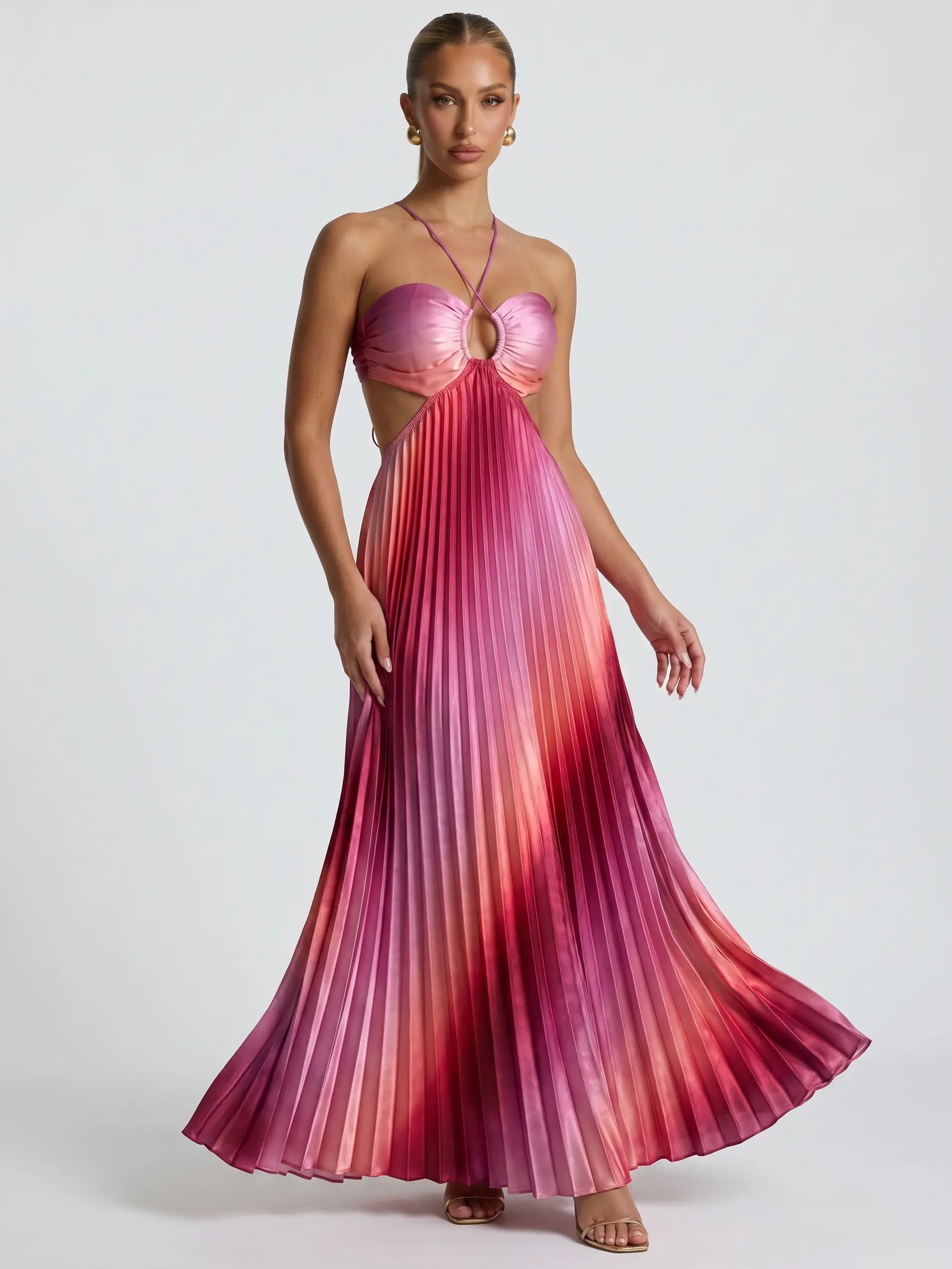 LikeMyChoice 2026 Ombre Pink Pleated Maxi Dress Halter Cut Out Vacation Dress for Women Casual Womenswear