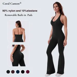 Coral Canton Backless Halter Top Sport Jumpsuit Bodyccon Flared Legs