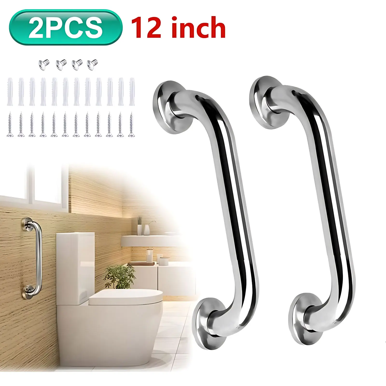 Stainless Steel Grab Bar for Elderly 2Pcs Wall Mounted Bathroom Safety Anti Slip Shower Tub Handle Support Heavy Duty Knurled Grip Fall Prevention Toilet Balance Aid Surgery Recovery Pregnancy Rust Proof