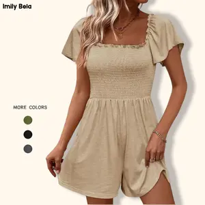 Imily Bela Womens Summer Smocked Romper Ruffle Sleeve Square Neck Flowy Short Jumpsuit Beach Vacation Outfits