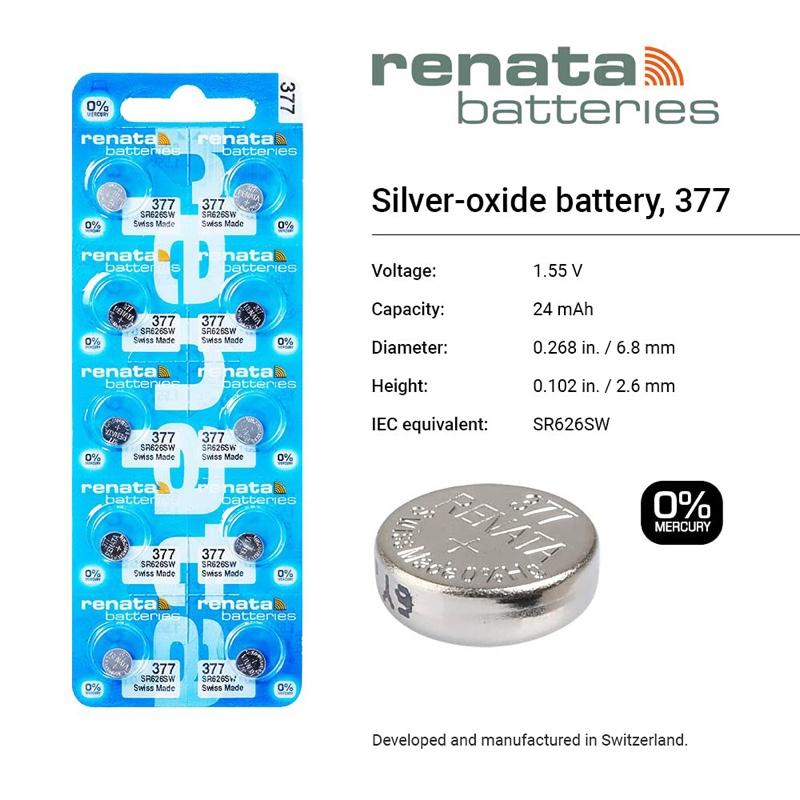 Renata 377 SR626W Silver Oxide Watch Battery 1.55V Coin Cell Button Electronic 24mAh Long Lasting Reliable for Watches Calculators Toys