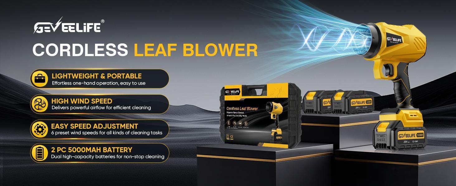 GEVEELIFE Turbo Jet Blower 200W Cordless Leaf Blower | 3 Nozzles + 2 Batteries | Super Powerful Airflow for Home & Garden/New year Gift