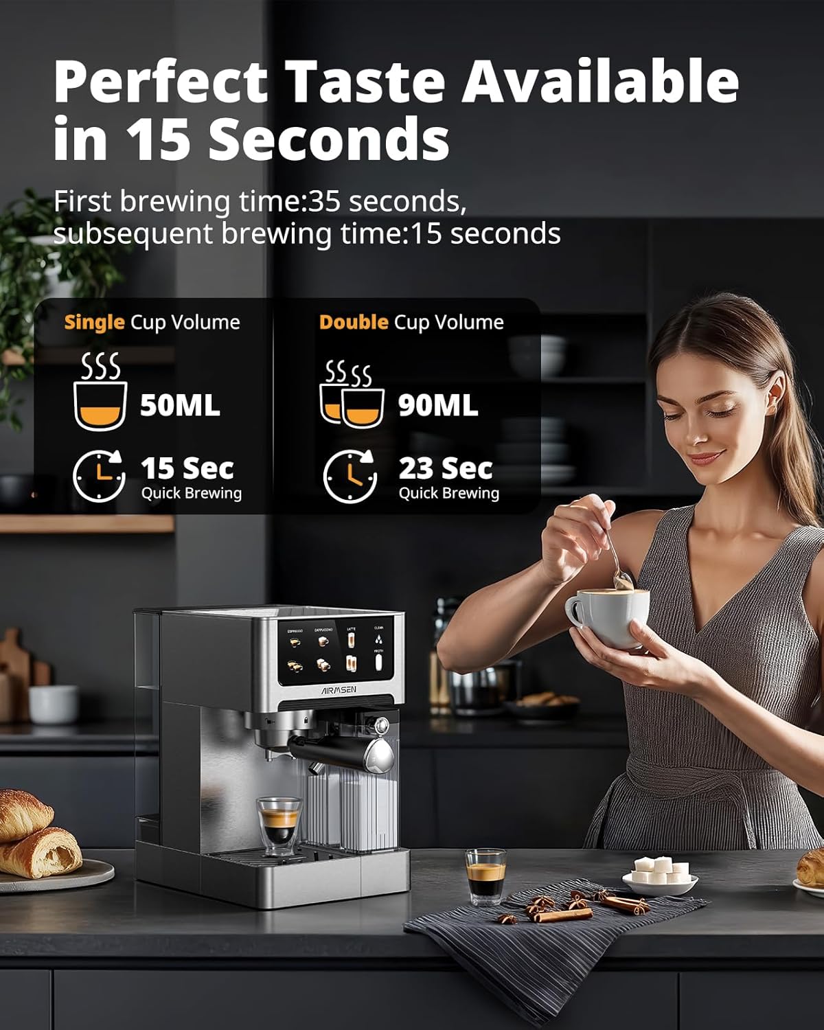 AIRMSEN Automatic All-in-One Coffee Maker, One-Touch Latte Art, Programmable Recipes,Commercial Grade Combo 3-in-1 (Cappuccino/Espresso/Latte) Home&Office 1.8L Large Water Tank,1350w&1000w,Indoor Semi-automatic